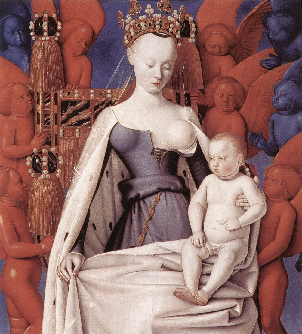 Agns Sorel - vierge  l'enfant de Jean Fouquet (partie droite du diptyque de Melun, conserv autrefois  la collgiale Notre-Dame de Melun) et maintenant au muse des beaux arts d'Anvers (Belgique)